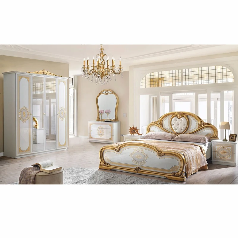 Casa Padrino Luxus Barock Doppelbett mit Glitzersteinen Weiß / Grau / Gold - Schlafzimmer Möbel