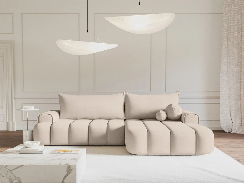 Ecksofa mit Schlaffunktion Dandelino, L-Form, rechtsseitig, mit Stauraum, grau-beiger Samtstoff