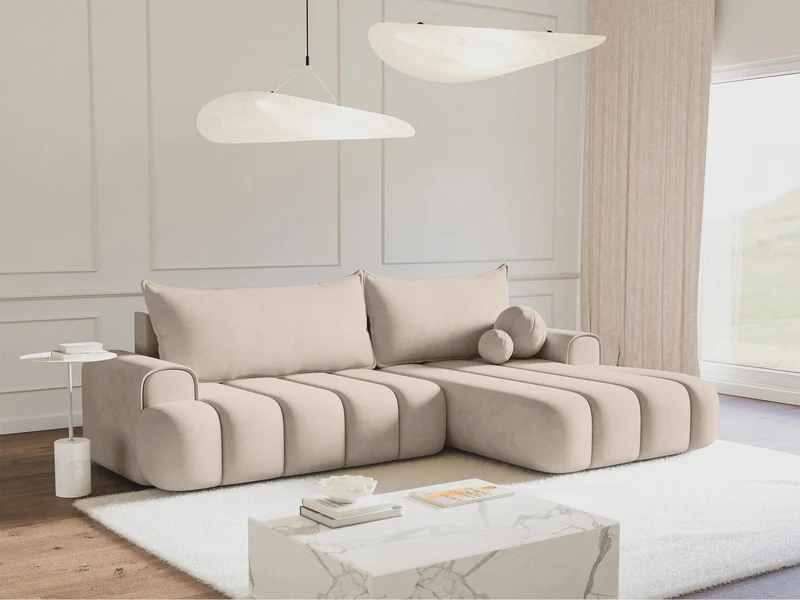Ecksofa mit Schlaffunktion Dandelino, L-Form, rechtsseitig, mit Stauraum, grau-beiger Samtstoff