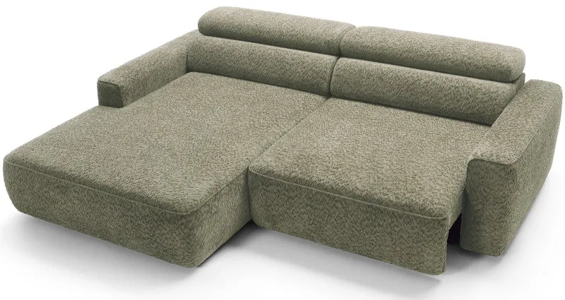 Ecksofa Fando mit elektrisch ausziehbarer Sitzfläche, L-förmig, linksseitig, salbeigrüner Chenillestoff
