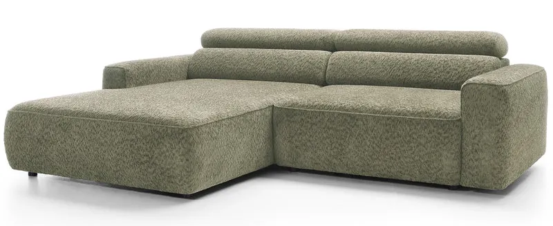 Ecksofa Fando mit elektrisch ausziehbarer Sitzfläche, L-förmig, linksseitig, salbeigrüner Chenillestoff