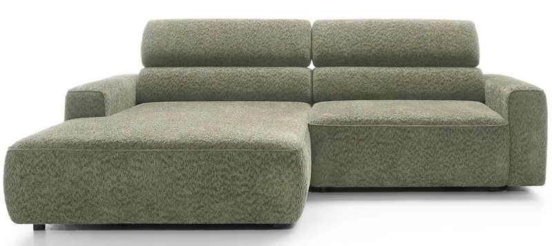 Ecksofa Fando mit elektrisch ausziehbarer Sitzfläche, L-förmig, linksseitig, salbeigrüner Chenillestoff