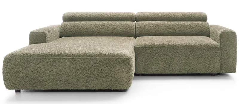 Ecksofa Fando mit elektrisch ausziehbarer Sitzfläche, L-förmig, linksseitig, salbeigrüner Chenillestoff