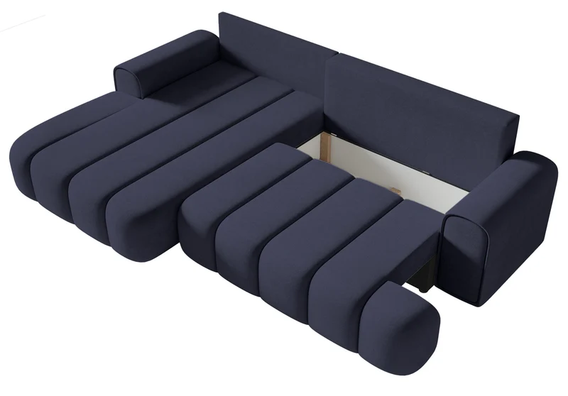 Ecksofa mit Schlaffunktion Dandelino, L-förmig, linksseitig, mit Stauraum, marineblauer Samt