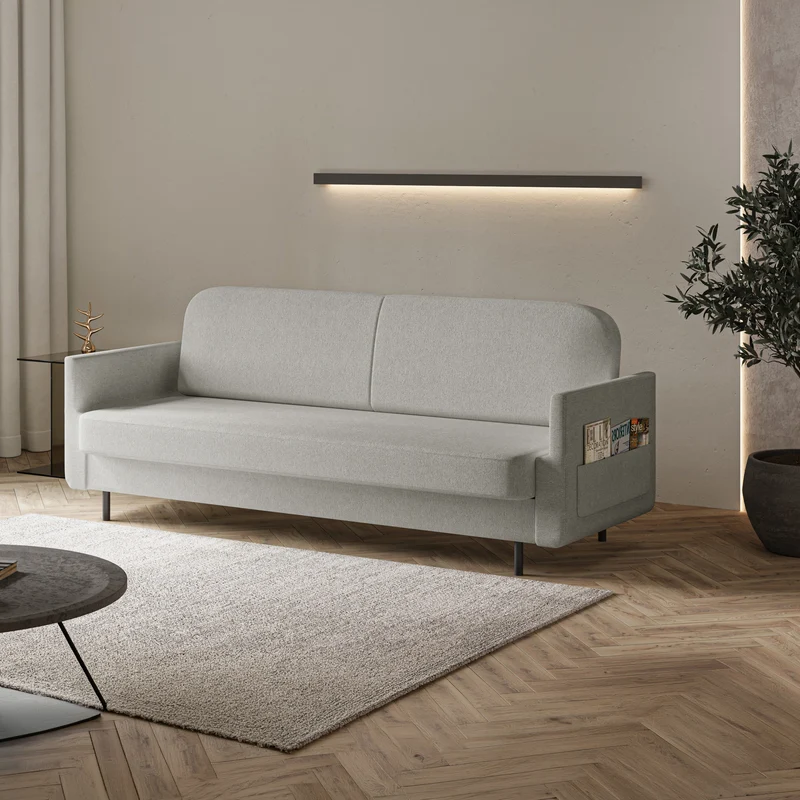 Dreisitziges ausklappbares Sofa Ovelio in hellgrauem, hydrophobem Chenille-Stoff