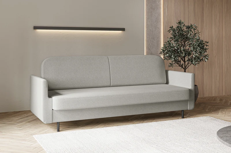 Dreisitziges ausklappbares Sofa Ovelio in hellgrauem, hydrophobem Chenille-Stoff
