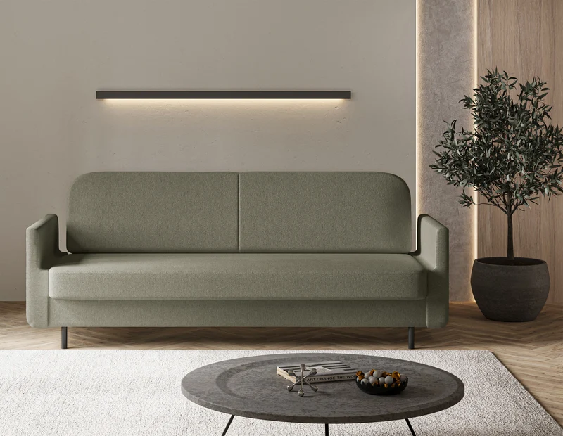 Dreisitziges ausklappbares Sofa Ovelio in Salbeigrün, hydrophober Chenille-Stoff