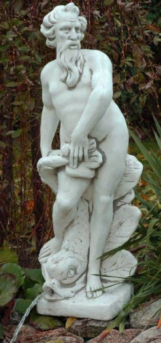 Casa Padrino Jugendstil Wasserspeier Skulptur Neptun mit Fisch Grau 30 x 35 x H. 132 cm - Elegante Wasserspeier Stein Figur - Barock & Jugendstil Garten Deko Accessoires