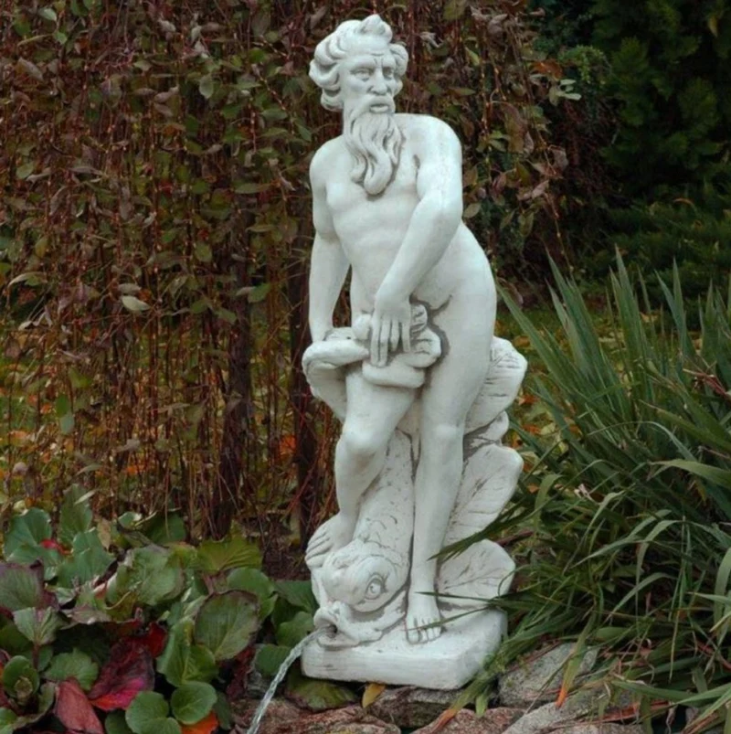 Casa Padrino Jugendstil Wasserspeier Skulptur Neptun mit Fisch Grau 30 x 35 x H. 132 cm - Elegante Wasserspeier Stein Figur - Barock & Jugendstil Garten Deko Accessoires