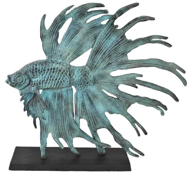 Casa Padrino Luxus Aluminium Deko Skulptur siamesischer Kampffisch Türkis / Schwarz 55 x 11,5 x H. 52,5 cm - Aluminium Deko Figur mit Holzsockel - Wohnzimmer Deko - Schreibtisch Deko