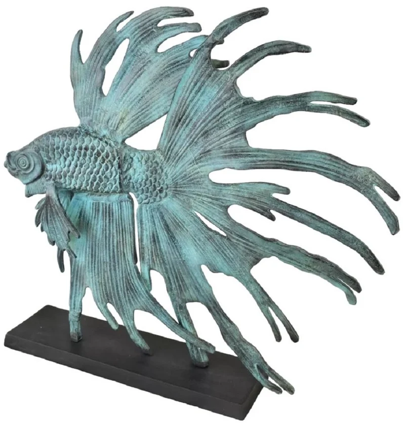 Casa Padrino Luxus Aluminium Deko Skulptur siamesischer Kampffisch Türkis / Schwarz 55 x 11,5 x H. 52,5 cm - Aluminium Deko Figur mit Holzsockel - Wohnzimmer Deko - Schreibtisch Deko