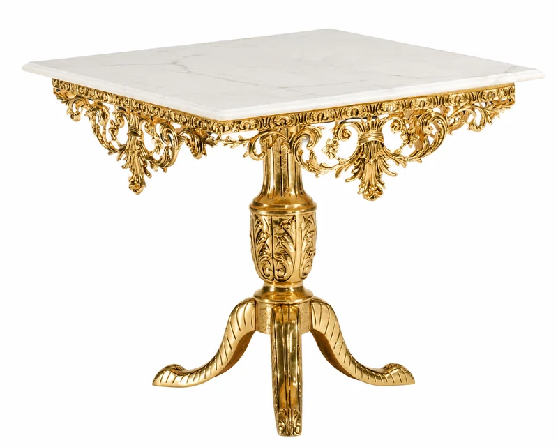 Casa Padrino Luxus Barock Esstisch Gold / Weiß - Quadratischer Bronze Esszimmertisch mit Marmorplatte - Luxus Esszimmer Möbel im Barockstil - Barock Möbel - Edel & Prunkvoll