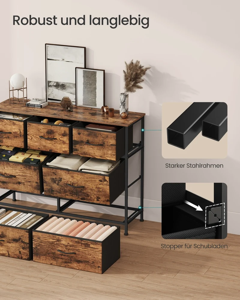 Großes Sideboard Mit 7 Stoffschubladen - Stahlrahmen - Für Schlafzimmer Oder Wohnzimmer