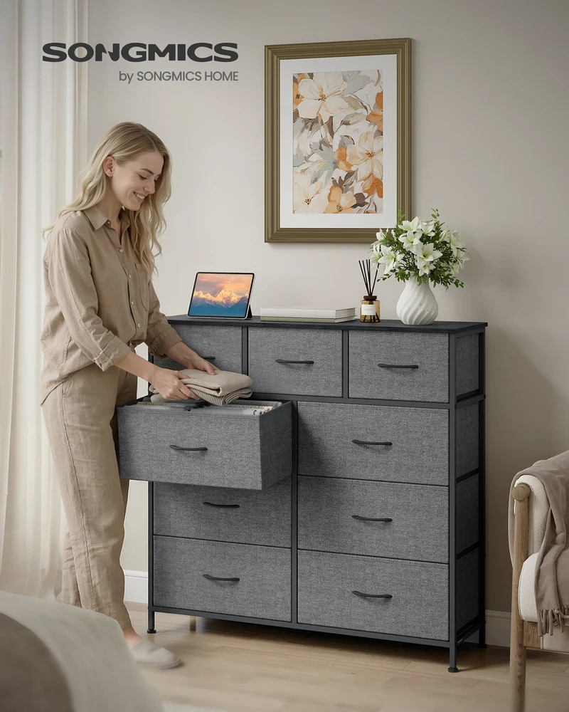 XL Sideboard Mit 9 Stoffschubladen - Stahlrahmen - Für Schlafzimmer Oder Flur