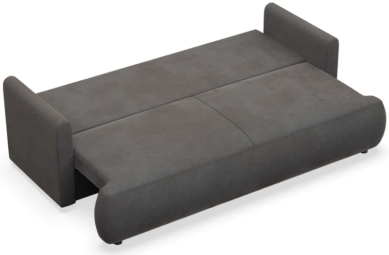 Dreisitziges ausklappbares Sofa Ovo Mini mit Stauraum, dunkelgrauer, pflegeleichter Samtvelours