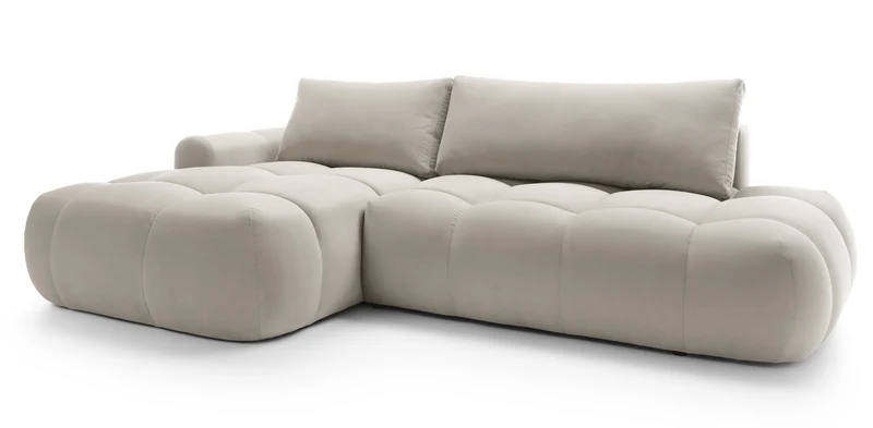 Ecksofa mit Schlaffunktion Ombo, L-förmig, mit Stauraum, grau-beiger, hydrophober Samt, linksseitig