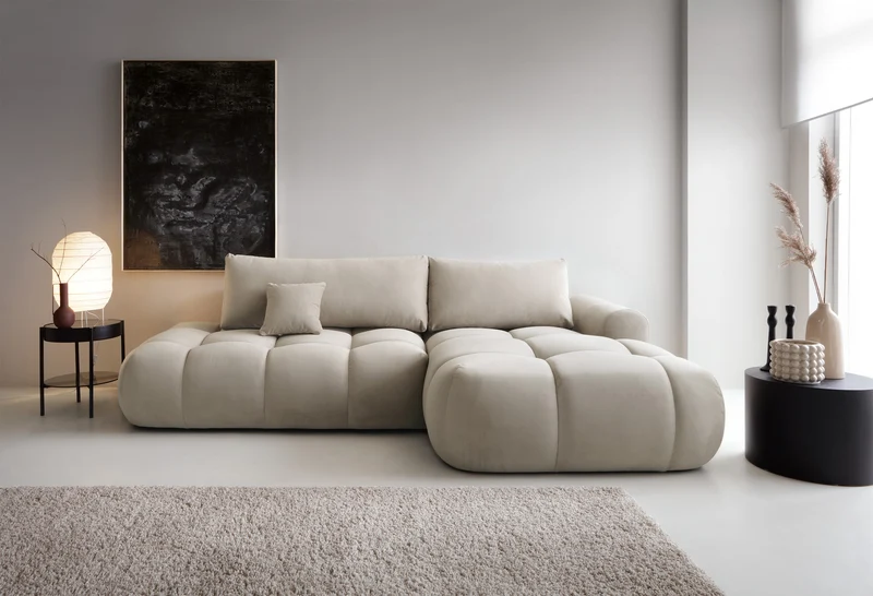 Ecksofa mit Schlaffunktion Ombo, L-förmig, mit Stauraum, grau-beiger hydrophober Samt, rechtsseitig