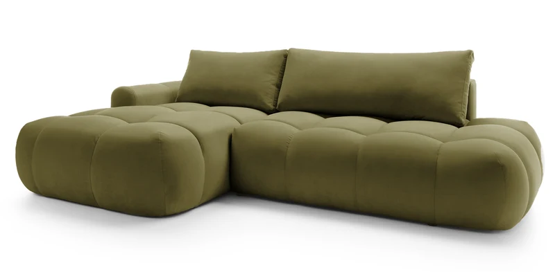 Ecksofa mit Schlaffunktion Ombo, L-förmig, mit Stauraum, olivgrüner hydrophober Samt, linksseitig