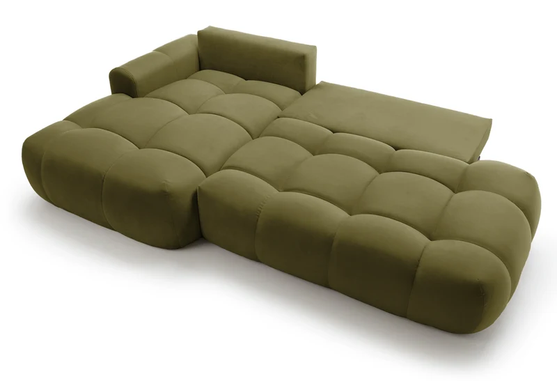 Ecksofa mit Schlaffunktion Ombo, L-förmig, mit Stauraum, olivgrüner hydrophober Samt, linksseitig