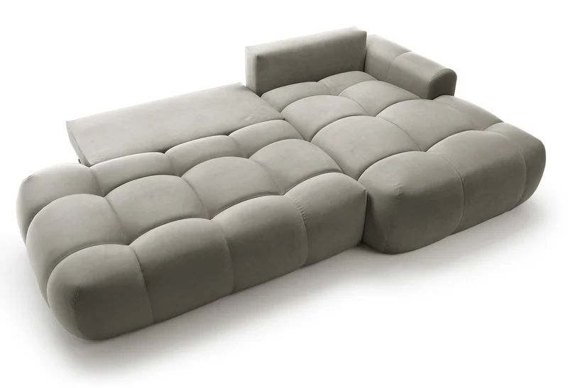 Ecksofa mit Schlaffunktion Ombo, L-förmig, mit Stauraum, graubrauner hydrophober Samt, rechtsseitig