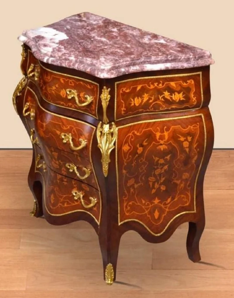 Casa Padrino Barock Kommode Braun Intarsien / Gold / Rot - Handgefertigte Antik Stil Kommode mit 4 Schubladen und Marmorplatte - Barock Möbel