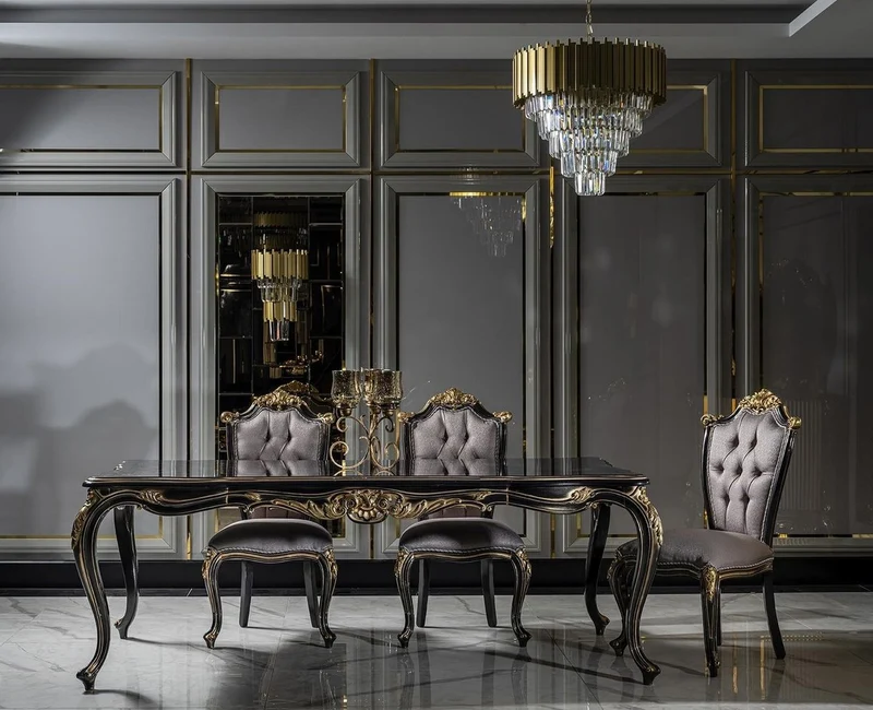 Casa Padrino Luxus Barock Esszimmerstuhl Set Silber / Schwarz / Gold - Handgefertigtes Küchen Stühle 6er Set - Barock Esszimmer Möbel - Edel & Prunkvoll