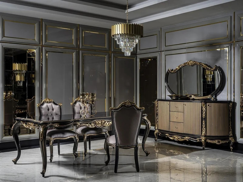 Casa Padrino Luxus Barock Esszimmerstuhl Set Silber / Schwarz / Gold - Handgefertigtes Küchen Stühle 6er Set - Barock Esszimmer Möbel - Edel & Prunkvoll