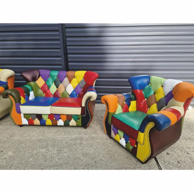 Casa Padrino Luxus Chesterfield Leder 2er Sofa Bunt / Dunkelbraun 150 cm - Patchwork Echtleder Möbel