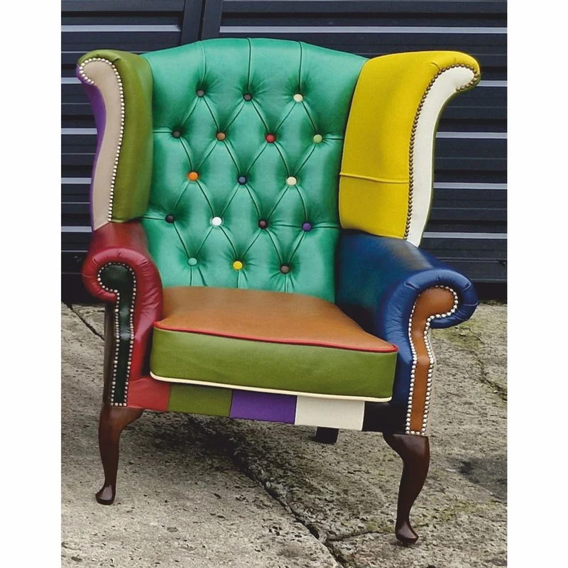 Casa Padrino Luxus Chesterfield Ohrensessel Grün / Bunt / Dunkelbraun - Patchwork Echtleder Möbel