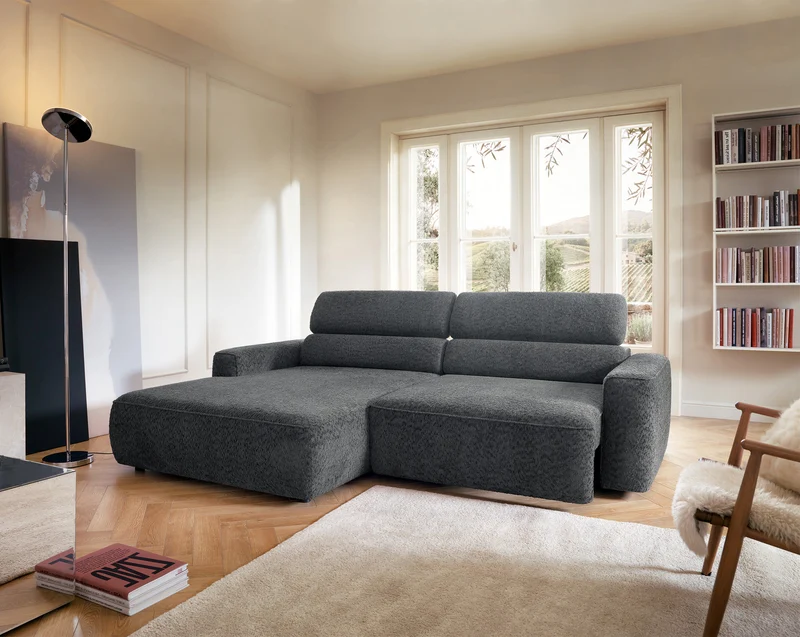 Ecksofa Fando mit elektrisch ausziehbarem Sitz, L-förmig, linke Seite, dunkelgrauer Chenille-Bezug