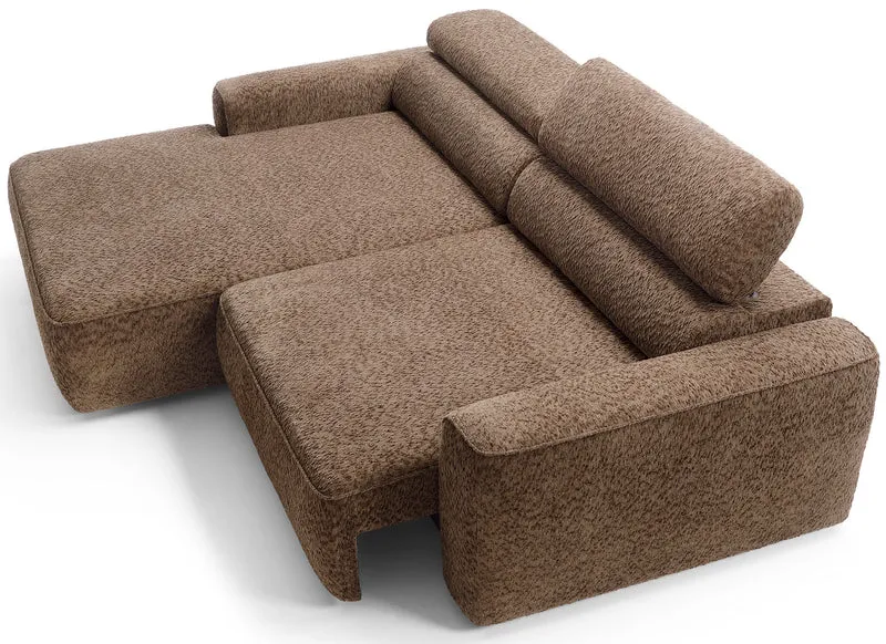 Ecksofa Fando mit elektrisch ausziehbarem Sitz, L-förmig, linksseitig, brauner Chenille-Bezug
