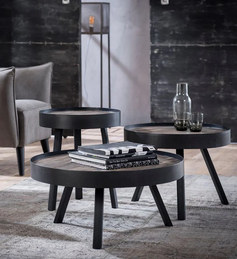 Beistelltisch TECA 45 runde Tischplatte Teak greywashed