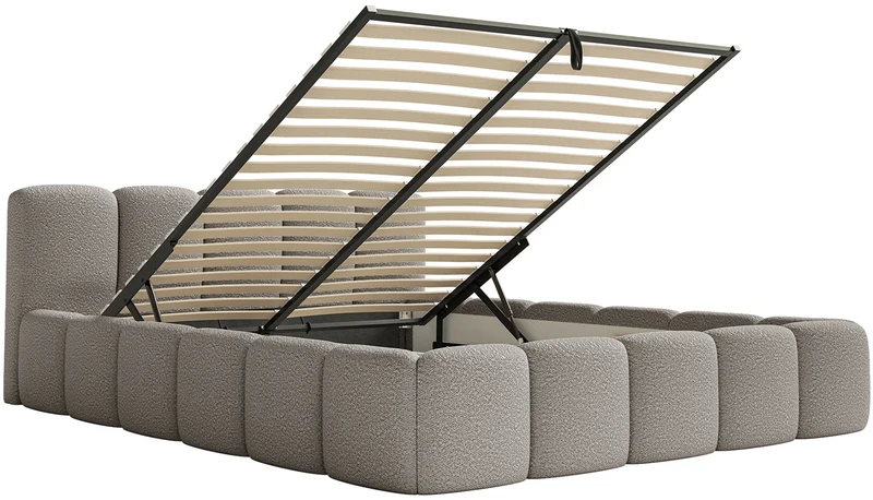 Polsterbett 200x200 cm Cloudy Low mit Stauraum, graues Bouclé, Metallrahmen