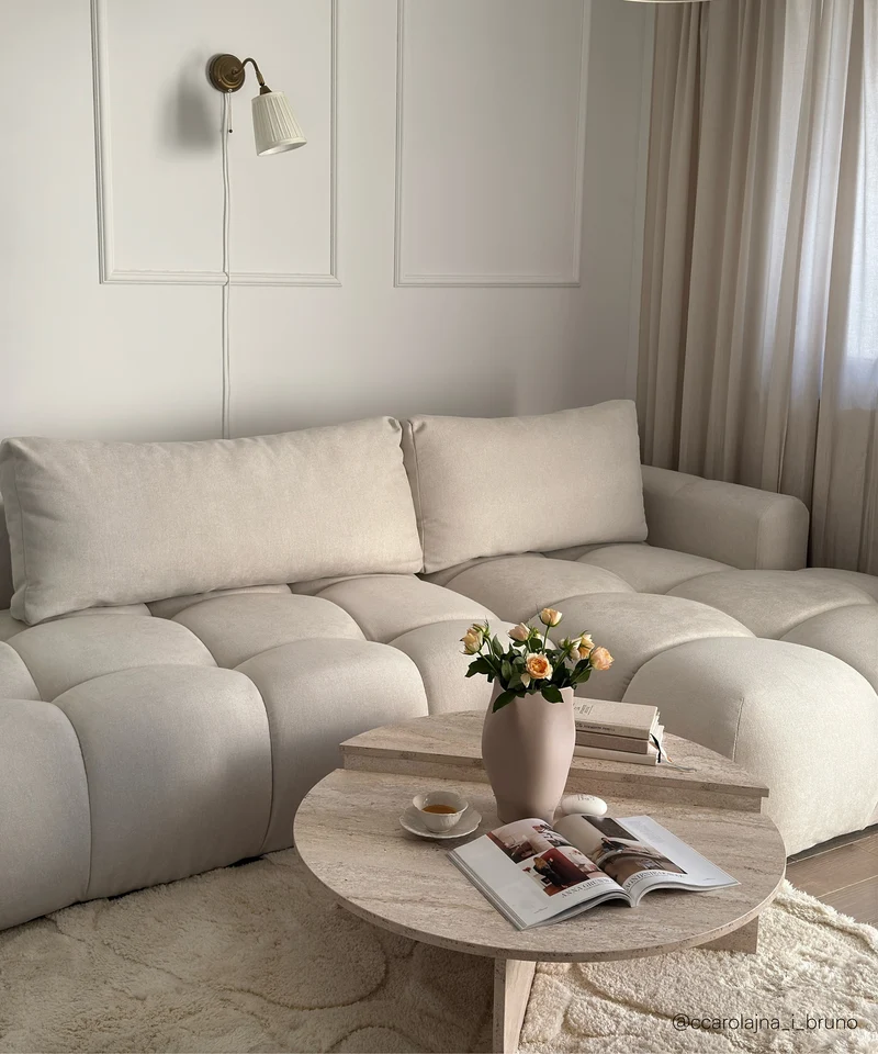 Ecksofa mit Schlaffunktion Ombo, cremefarben, L-förmig, mit Stauraum, in leicht zu reinigendem Flechtstoff, rechtsseitig