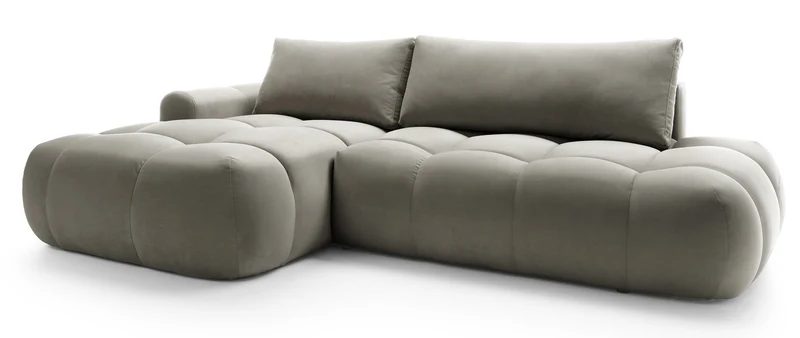 Ecksofa mit Schlaffunktion Ombo, L-förmig, mit Stauraum, graubraunes, wasserabweisendes Samtmaterial, linksseitig