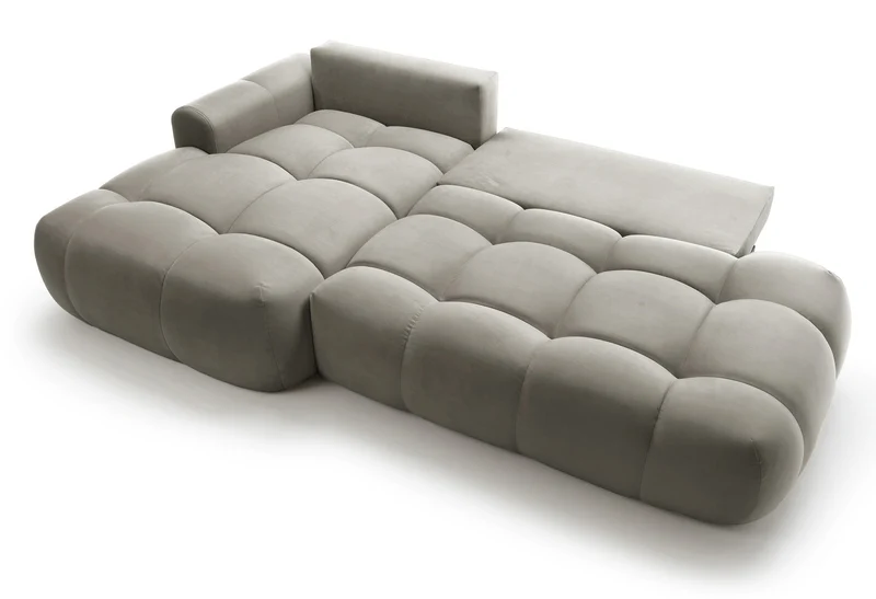 Ecksofa mit Schlaffunktion Ombo, L-förmig, mit Stauraum, graubraunes, wasserabweisendes Samtmaterial, linksseitig