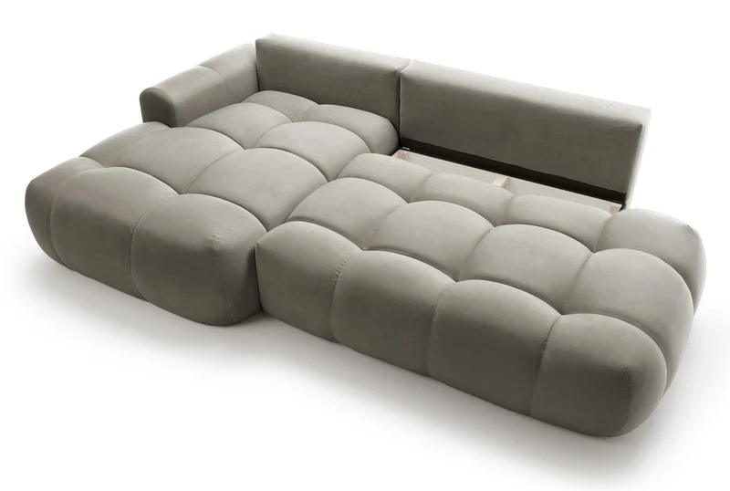 Ecksofa mit Schlaffunktion Ombo, L-förmig, mit Stauraum, graubraunes, wasserabweisendes Samtmaterial, linksseitig