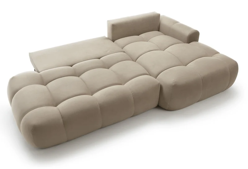 Ecksofa mit Schlaffunktion Ombo, L-förmig, mit Stauraum, beige, hydrophober Samt, rechtsseitig