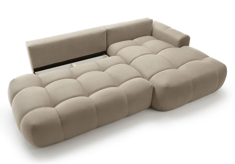 Ecksofa mit Schlaffunktion Ombo, L-förmig, mit Stauraum, beige, hydrophober Samt, rechtsseitig