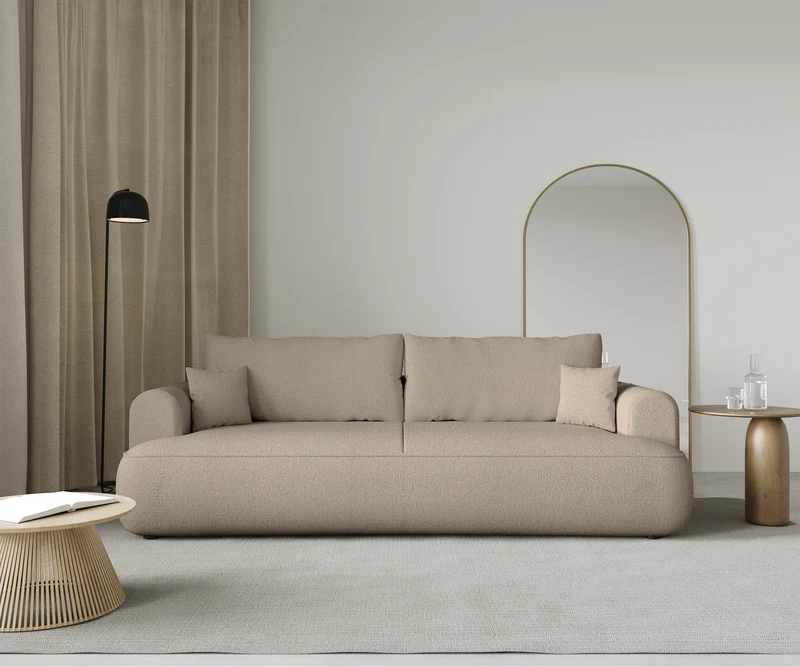 Dreisitziges ausklappbares Sofa Ovo mit Stauraum, beige Chenille