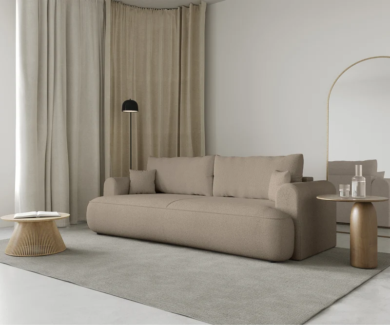 Dreisitziges ausklappbares Sofa Ovo mit Stauraum, beige Chenille