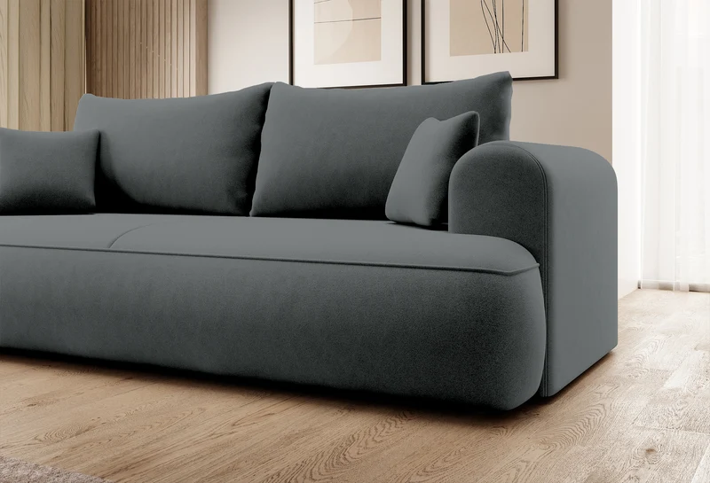 Drei-Sitzer-Schlafsofa Ovo mit Stauraum, dunkelgrauer Samt aus pflegeleichtem Stoff