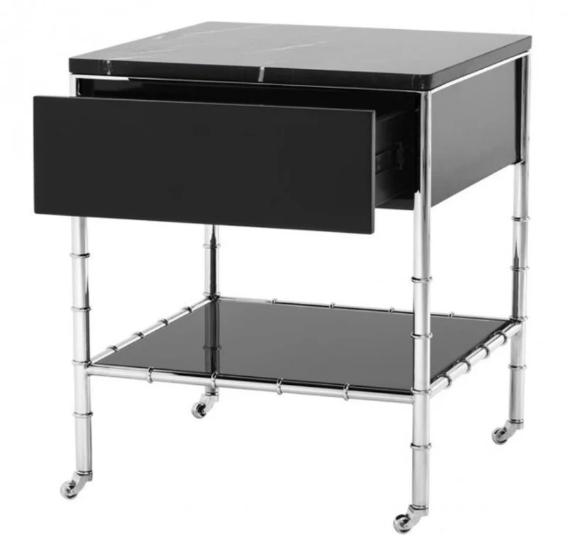 Casa Padrino Luxus Art Deco Beistelltisch mit Marmor und Rauchglas, polierter Stahl, 50 x 50 x H. 60 cm