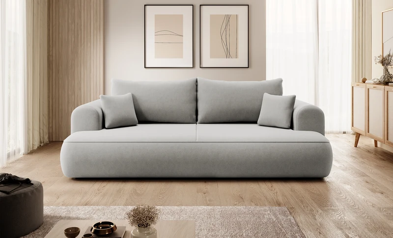 Dreisitziges ausklappbares Sofa Ovo mit Stauraum, grauer Samt aus leicht zu reinigendem Stoff
