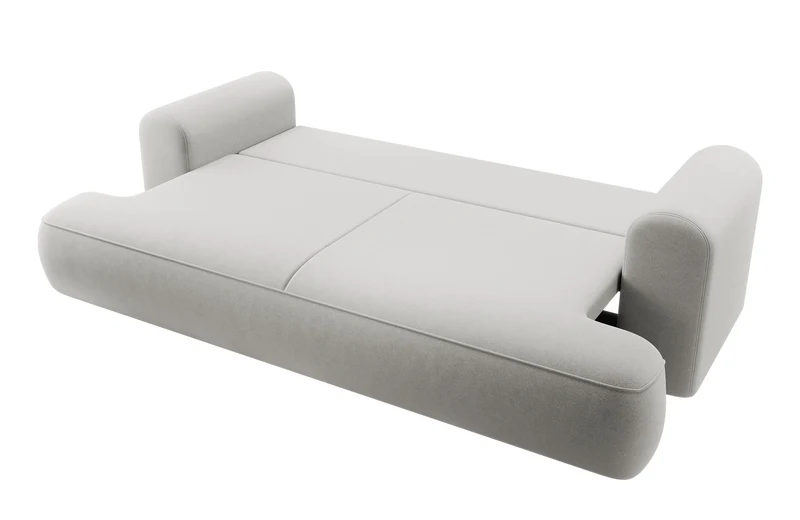 Dreisitziges ausklappbares Sofa Ovo mit Stauraum, grauer Samt aus leicht zu reinigendem Stoff