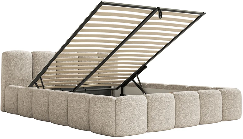 Polsterbett 140x200 cm Cloudy Low mit Stauraum, hellbeige Bouclé, Metallrahmen