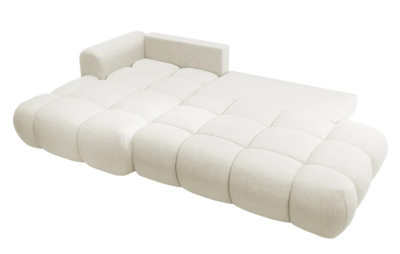 Ecksofa mit Schlaffunktion Ombo, cremefarben, L-förmig, mit Stauraum, aus leicht zu reinigendem Flechtstoff, linksseitig