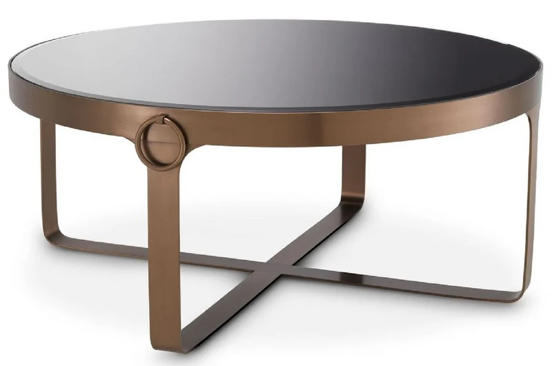 Casa Padrino Luxus Couchtisch Kupferfarben / Schwarz Ø 90 x H. 38,5 cm - Runder Edelstahl Wohnzimmertisch mit Glasplatte - Wohnzimmer Möbel - Luxus Möbel