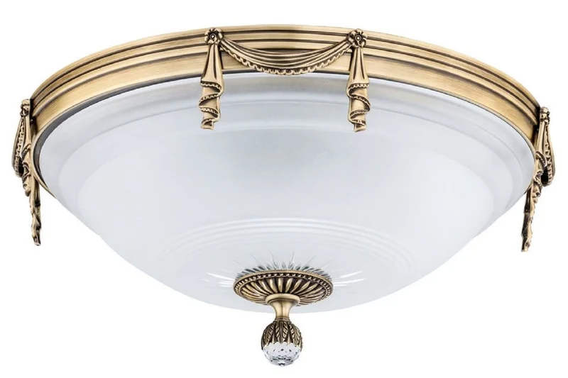 Casa Padrino Luxus Barock Kristall Deckenleuchte Messing mit Patina / Weiß Ø 40 x H. 25 cm - Runde Barockstil Wohnzimmer Deckenlampe - Barock Leuchten - Barock Möbel - Edel & Prunkvoll