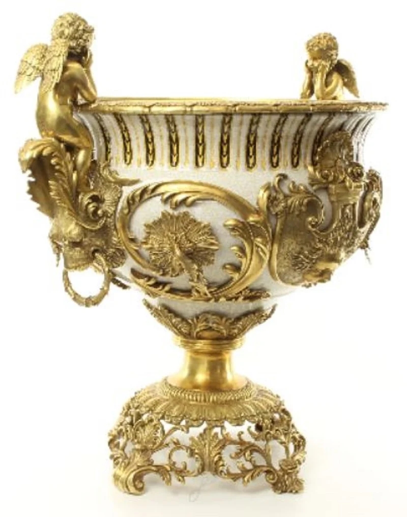Casa Padrino Luxus Barock Porzellan Blumentopf Engel Weiß / Gold H. 60 cm - Prunkvoller Porzellan Pflanzentopf - Barock Porzellan Deko Accessoires